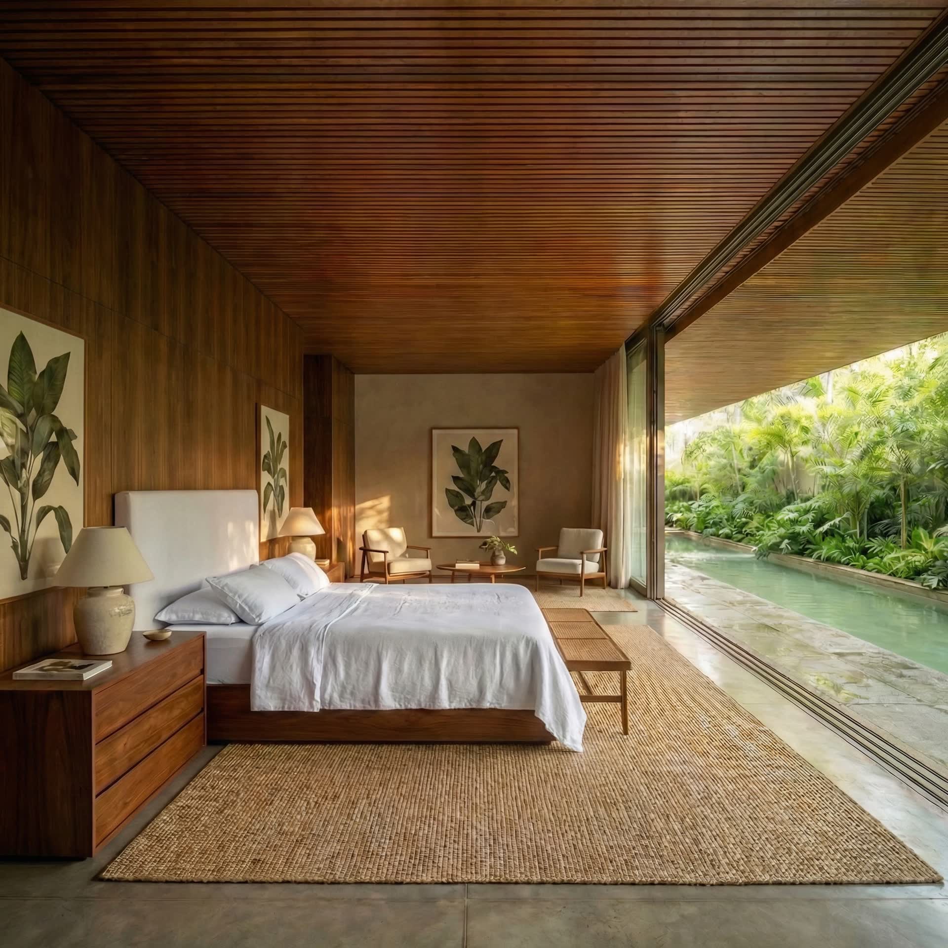 Suíte master com teto de madeira ripada, cama voltada a um grande pano de vidro e piscina entre a vegetação