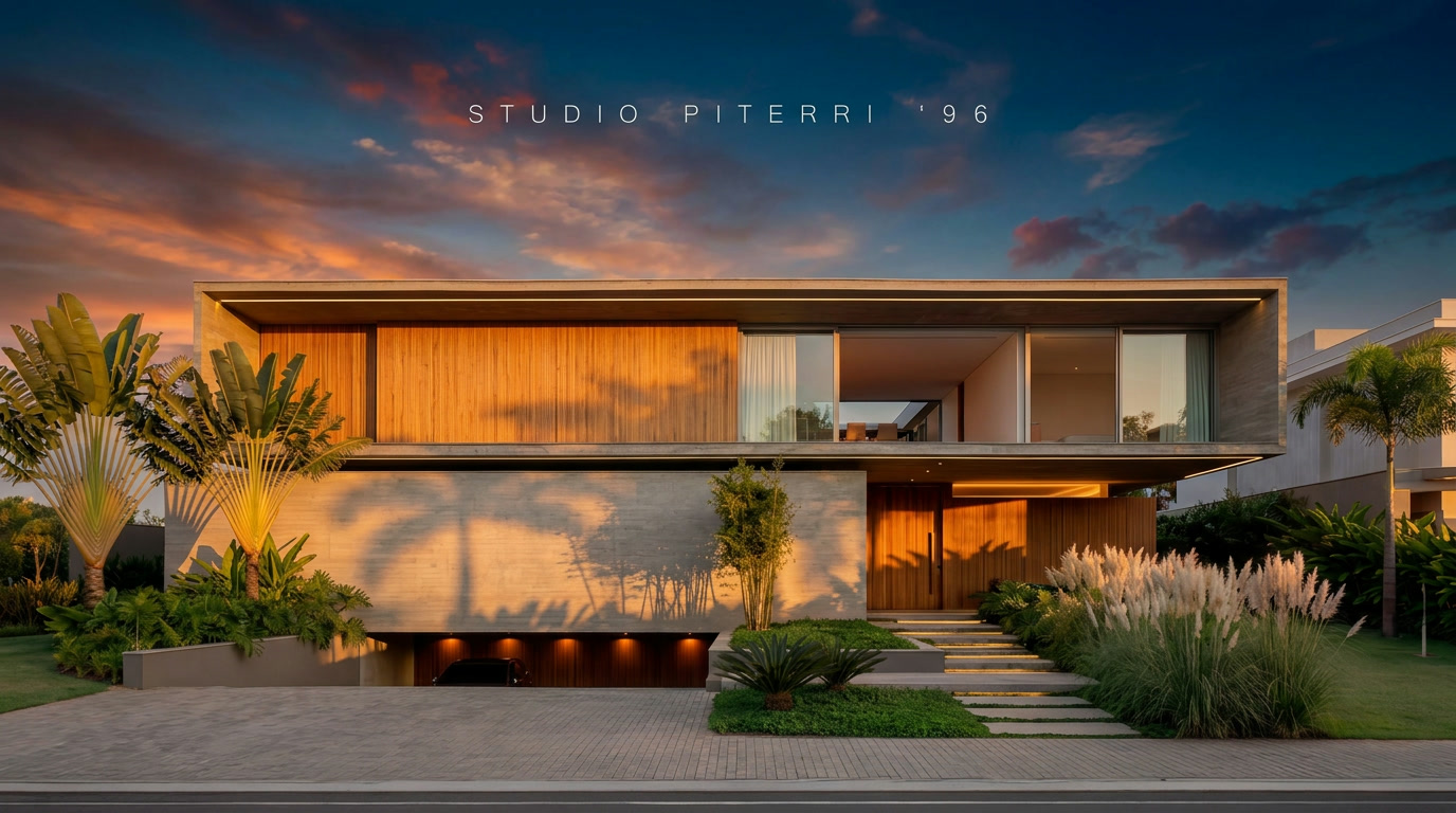 Casa Ripado — fachada ao entardecer, base de concreto e pedra e volume superior em ripado de madeira que acende como lanterna